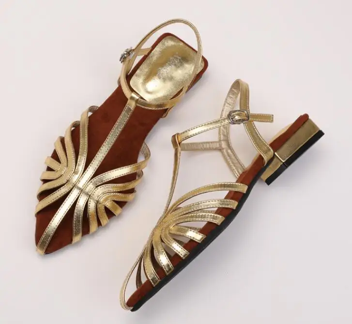 

Women's Gold Roman Sandals Low Heel Ankle Strap Pointed Toe Hollowed Out Sexy Luxury Wedding Party Dress Shoes