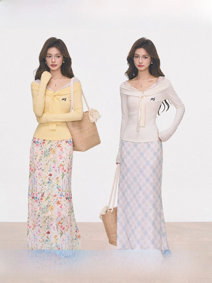 

Westayone Knitted Lace Belted Top Long Sve Women's Dr Design Sensation Casual Faion Set Spring Season Breathable Ligh...