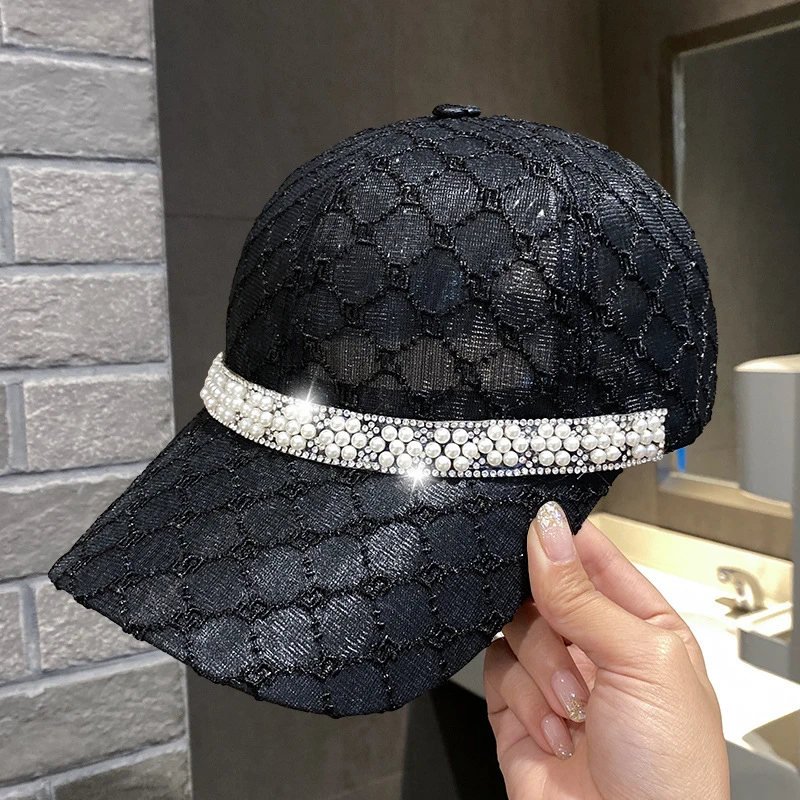 Summer Hats for Women\'s Fashion Lace Mesh Breathable Baseball Cap Autumn Female Pearl Soft Top Travel Sunshade Sun Cap