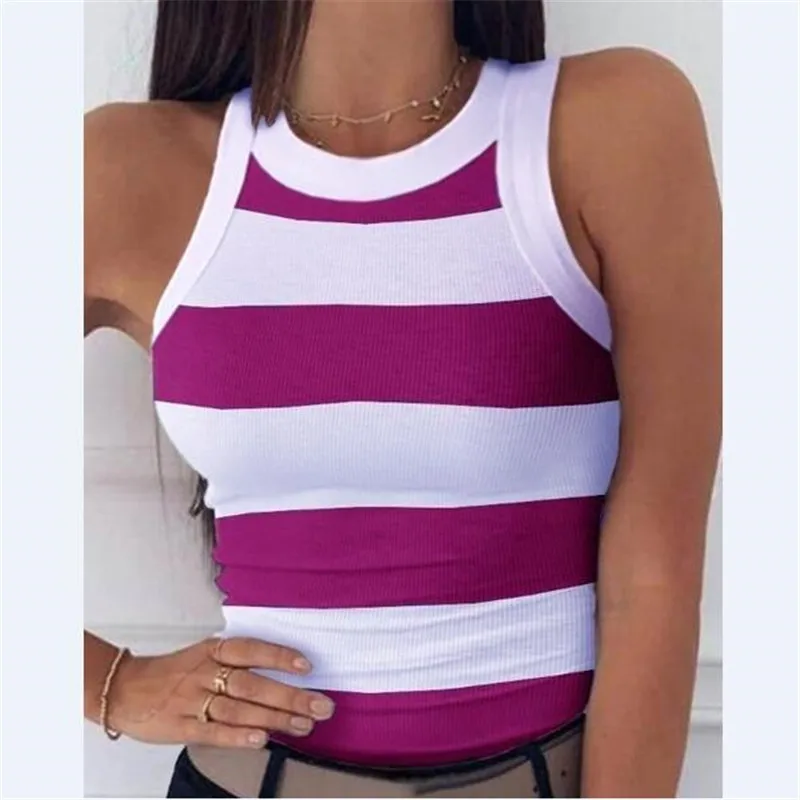 

Nice Women's Clothing Tops Tanks Camis Digital Printed Round Neck I-shaped Vest Sexy Summer Striped Sleeveless Vest For Women Ve
