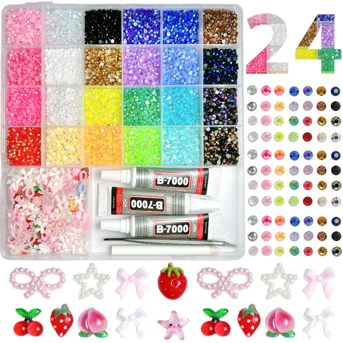 

1Box Hot Selling 24 Colors Nail Rhinestones Charms Bedazzling Kit 3D Simulated Strawberry Bow Star Nail Art Decorations for DIY