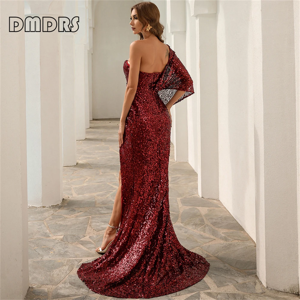 Side Slit Sequined Evening Dress for Women One Shoulder Sweep Trail Long Formal Dresses Birthday Party Gown Prom Outfit