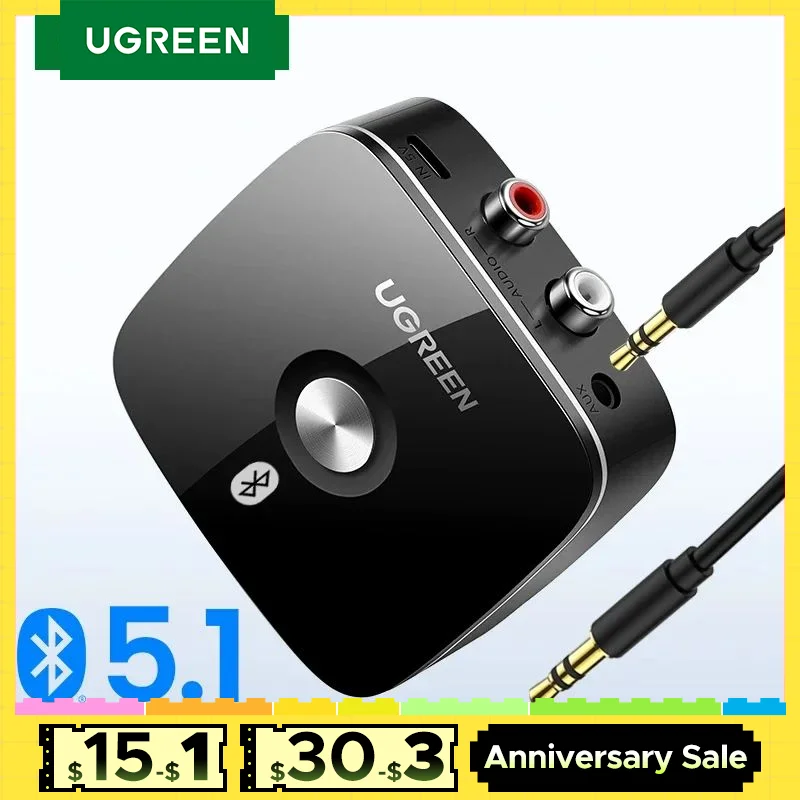 UGREEN Bluetooth RCA Receiver 5.1 aptX HD 3.5mm Jack Aux Wireless Adapter Music for TV Car 2RCA Bluetooth Audio Receiver aptX