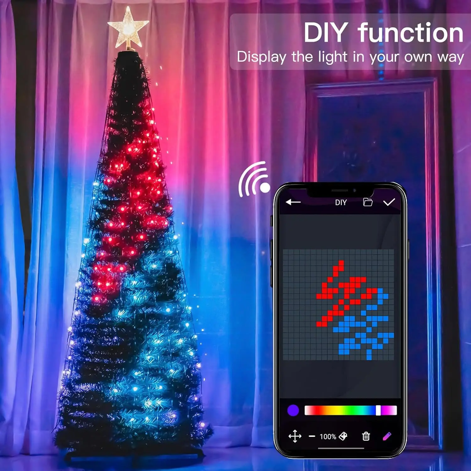 Adornos inteligentes para árbol de Navidad, luces multicolores de hadas LED, cadena de estrellas, cascada, aplicación de Navidad, Bluetooth, patio de casa, programado DIY