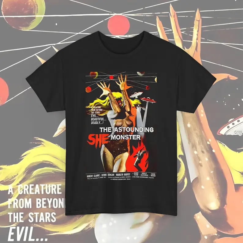 تي شيرت فيلم الرعب الكلاسيكي - The Astounding She Monster - مقاسات للجنسين، زي الهالوين، جرافيك قديم، هدية لمحبي الأفلام #1