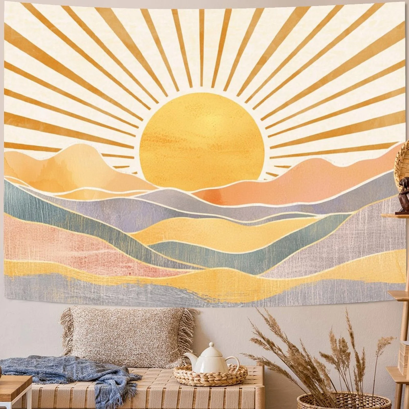 Boho Sun Tapestry Wall Hanging Retro 70s Abstract Striped Aesthetic Sunrise Vintage Tapestries For Bedroom Living Room