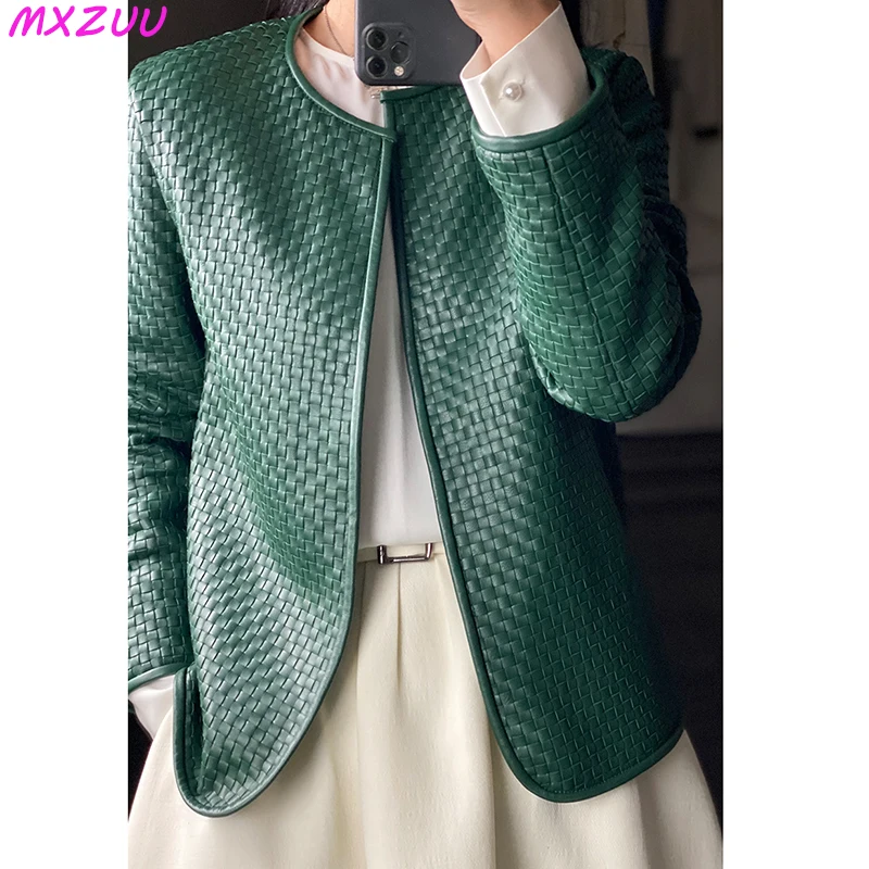 Echtes Leder Jacke Frauen Herbst 2024, Stilvolle Vintage Hand-Woven Schaffell Chaqueta Mujer Oansatz Strickjacke Plaid Mantel Outwear