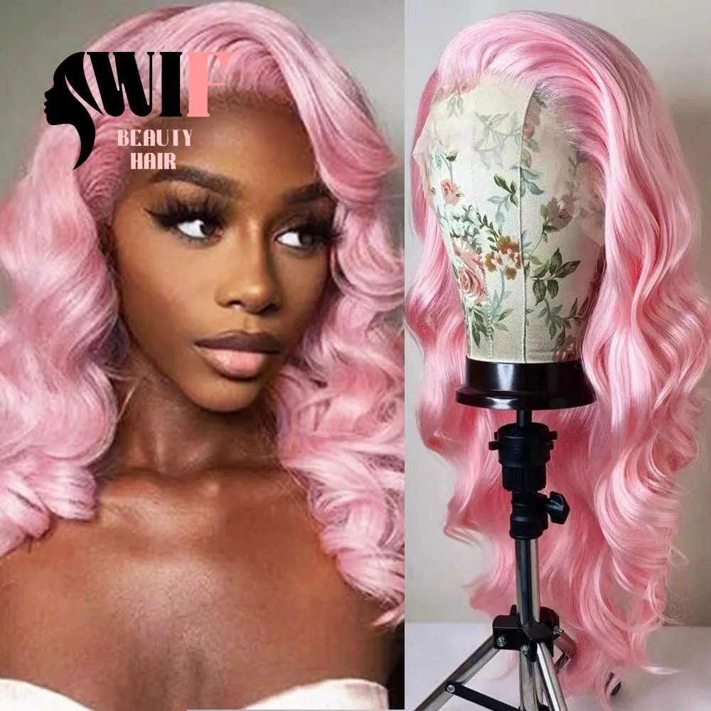 Wif rosa synthetische Welle Haar Spitze Perücke lange Körper Welle rot Wärme faser Spitze Front Perücken Frauen Make-up Cosplay Mode bunte Haare