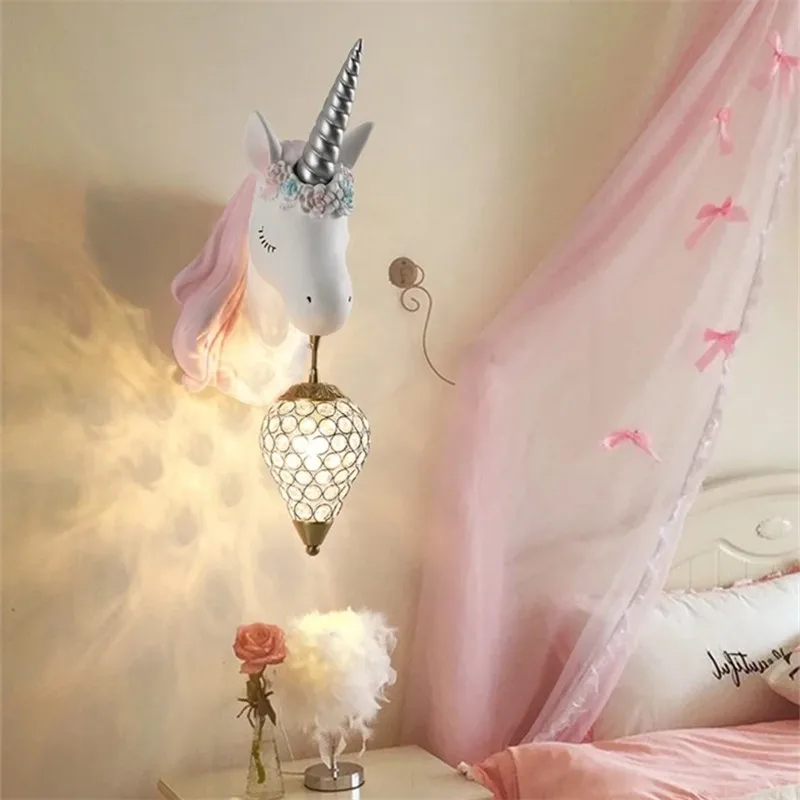 Cartoon unicorn Wall Light Crystal Girls Wall Lamp for  loft beside Interior Light Living Room Bedroom Decor Resin Wall Lamp