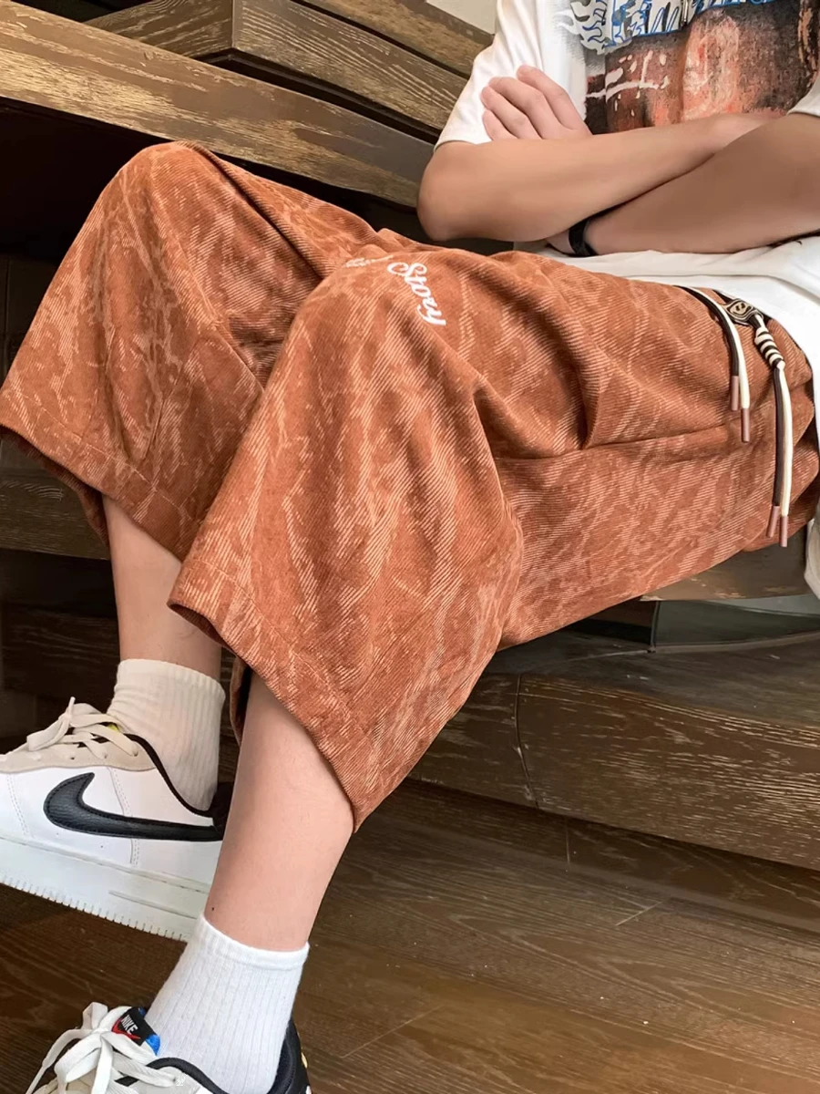 

Retro Dyed Embroidered Casual Loose Straight Leg Men's Summer Wide Leg mid Waist Pants Comfortable Loose Fit Seven Inch Pants