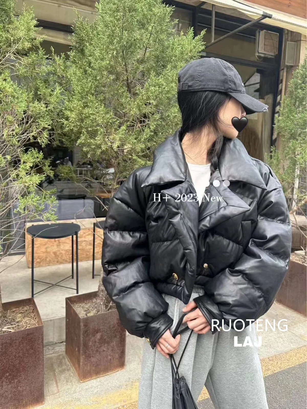 soft pu  leather jacket with short down jacket lapel loose women winter jacket