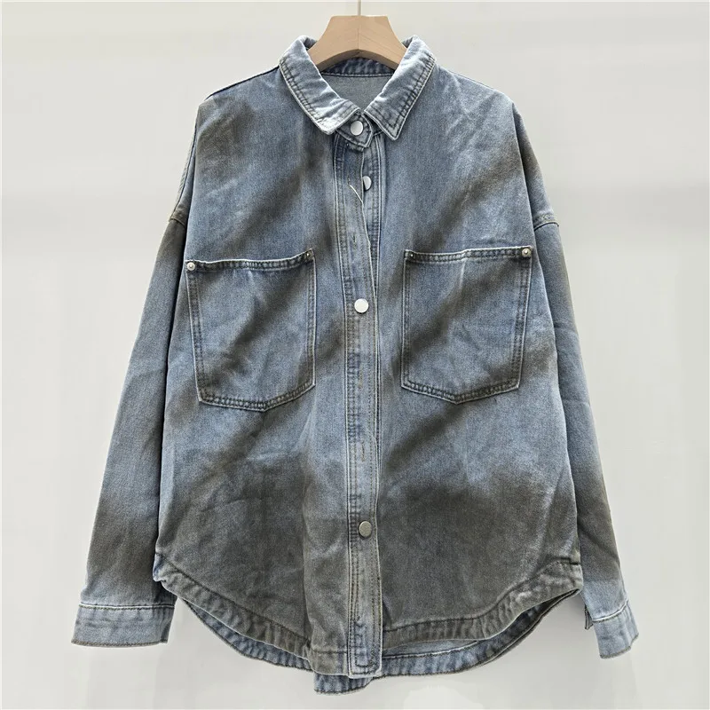 

Vintage Hand-Painted Graffiti Printing Denim Shirt Jacket Blue White Light Blue Loose Big Pockets Lapel Long Sleeve Jeans Jacket