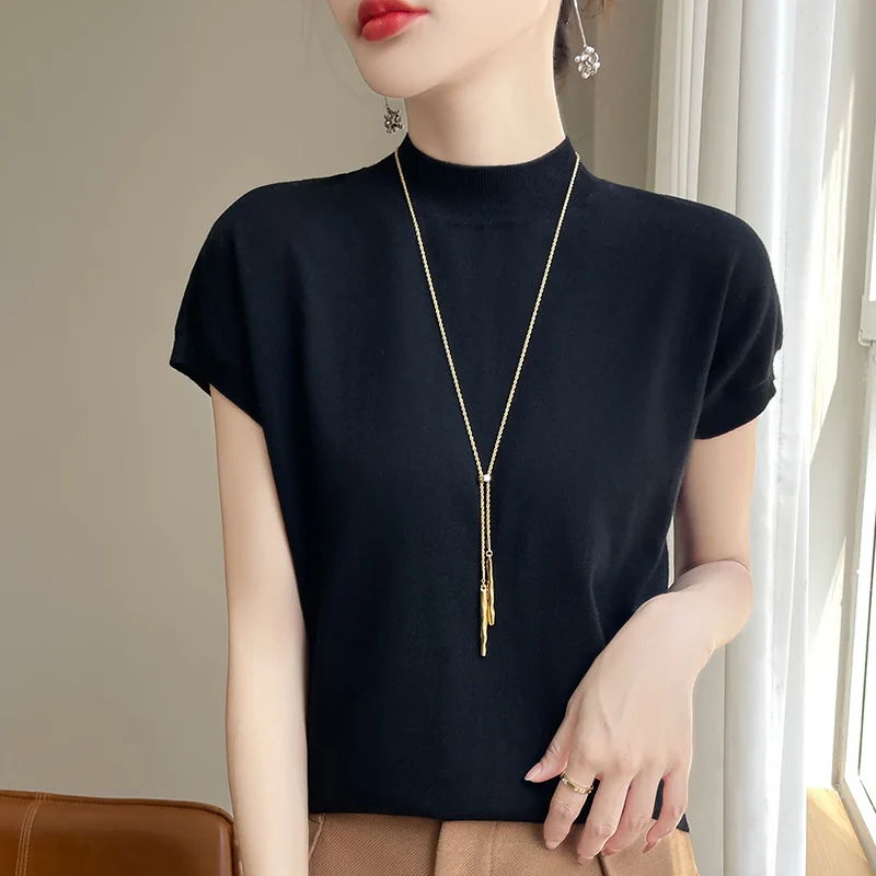 

Women's Summer Semi High Neck Solid Color Fashionable Imitation Wool Pullover T-Shirt Knitted Top