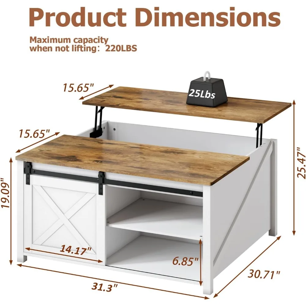 Mesa de centro elevatória com armazenamento, mesa de centro de fazenda com tampo elevatório para sala de estar, sala de estar de madeira branca rústica