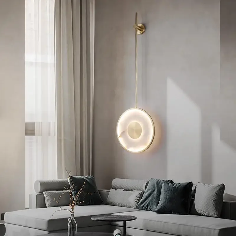 New Chinese model room simple designer personalized creative living room background wall light long pure copper marble wall lamp