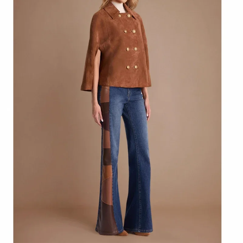Fashionable Vintage Loose-fit Double-breasted Metal Button Decorated Notch Collar Brown Suede Cape Coat