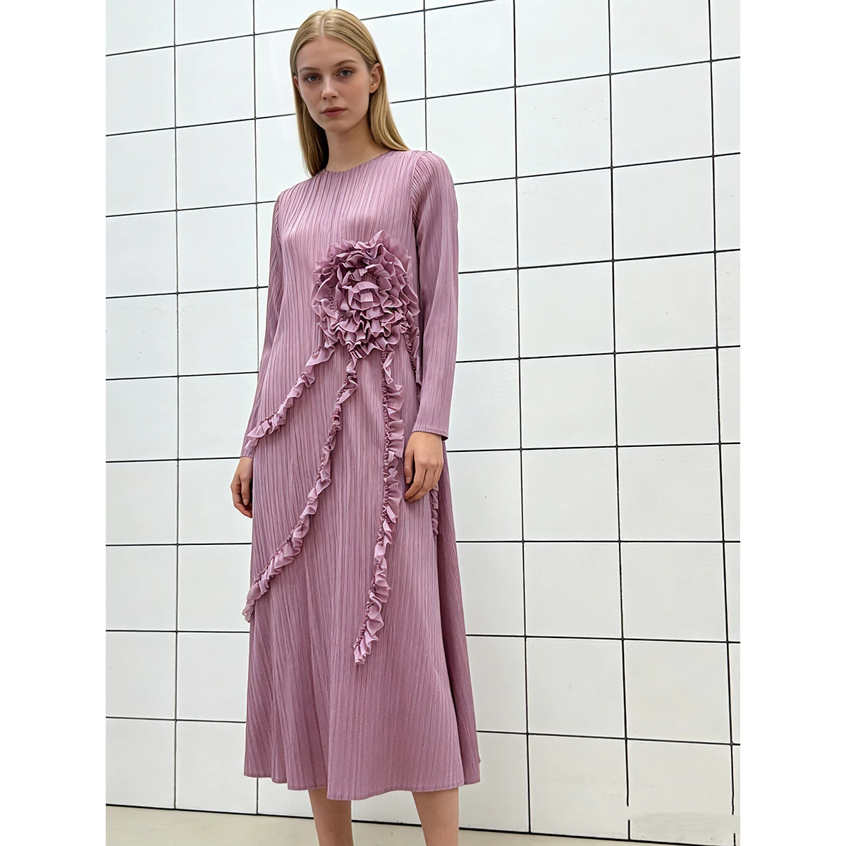 

Ele Loose Floral Emed 3D Decorative Plate Pleated Skirt Dr Heavy Du Cross-Border Faion Wide Sve Hemline