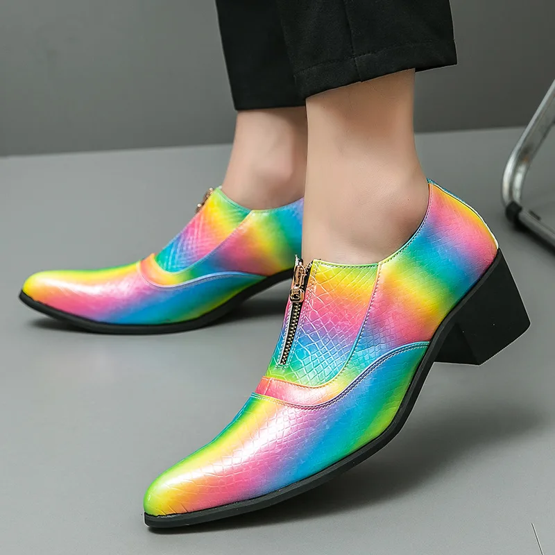 Fashion Colorful Mens High Heel Shoes Size 38-46 Pointed Leather Dress Shoes Men Square heel Prom Shoes Zapatos De Vestir Hombre