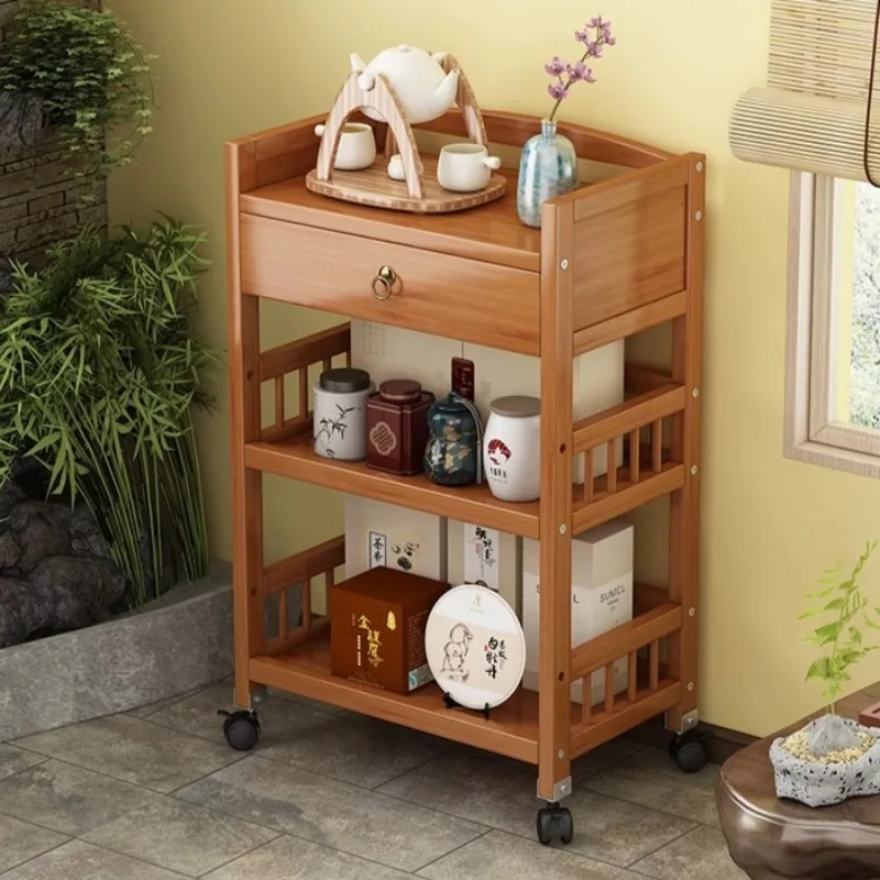 

Multi-Tier Bamboo Display Shelf Mobile Floor Storage Trolley for Tea Room Organizer Small Cabinet for Kitchen or Living Use