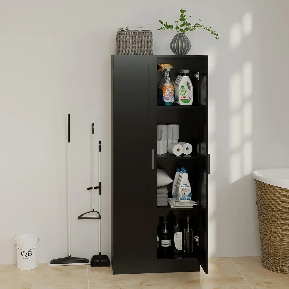 خزانة تخزين خشبية من بانانا، خزائن مخزن ضيقة، خزانة تخزين طويلة قائمة بذاتها مع بابين ورفوفين (أسود)