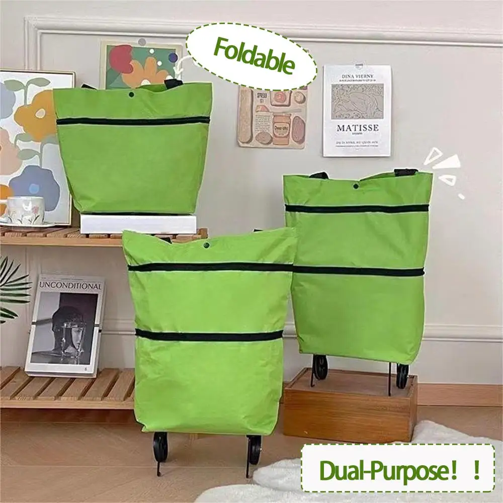 Foldable Shopping Bags With Wheels Portable Roller Tote Grocery Market Cart Caddy Oxford Fabric Reuseable Lightweight Bags Green view 3