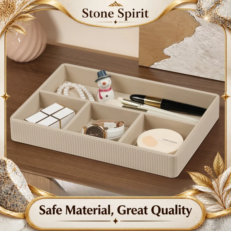 Large Capacity Leather Organizer Tray, Desktop Storage Box for Jewelry Makeup Cosmetics, Vanity Office Desk Decor,Gift for Women