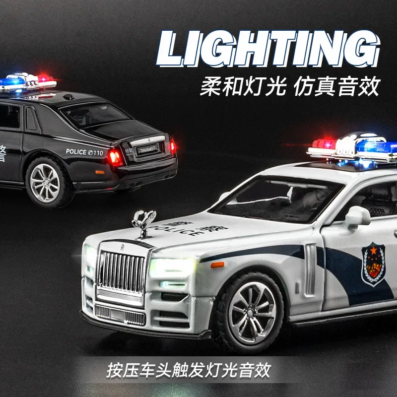 1:36 Rolls Royce Phantom police car simulazione Diecast Metal Alloy Model car Sound Light Pull Back Collection regalo giocattolo per bambini