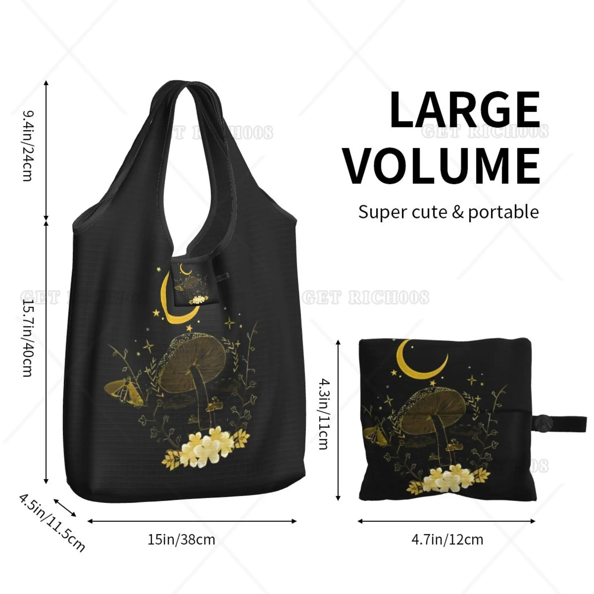 Mushroom and Moon Gothic Shoper Bag Portable Tote Bag Recyclable Grocery Bags Women Hand Bag for Shopping Outdoor Foldable