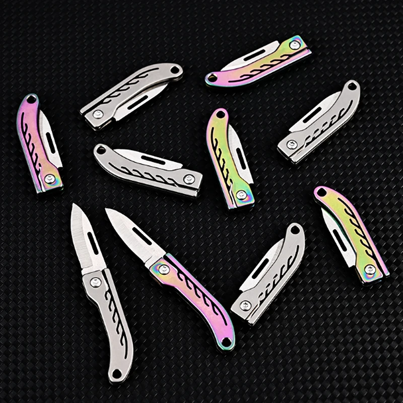Mini Titanium Alloy Folding Keychain Knife Rainbow Stainless Steel Pocket Cutter Portable EDC Tool For Box Opening Fruit Paring
