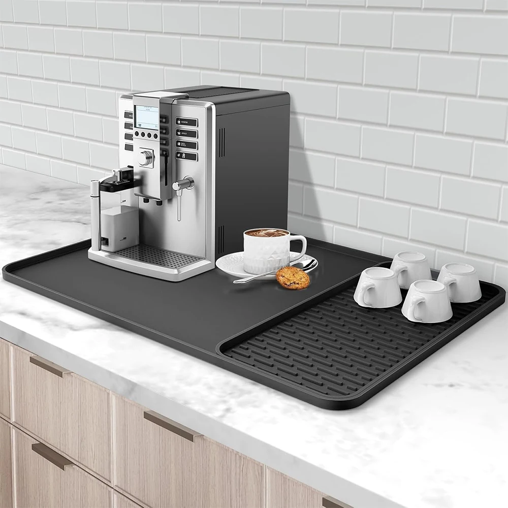 LMETJMA Silicone Coffee Mat Heat Resistant Bar Mat with Detachable Dish Drying Mat Kitchen Counter Coffee Machine Mat Pad