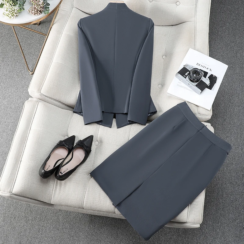 Navu elegante feminino ternos novo outono temperamento com decote em v fino manga longa fino blazer e saia escritório senhoras trabalho wear cáqui