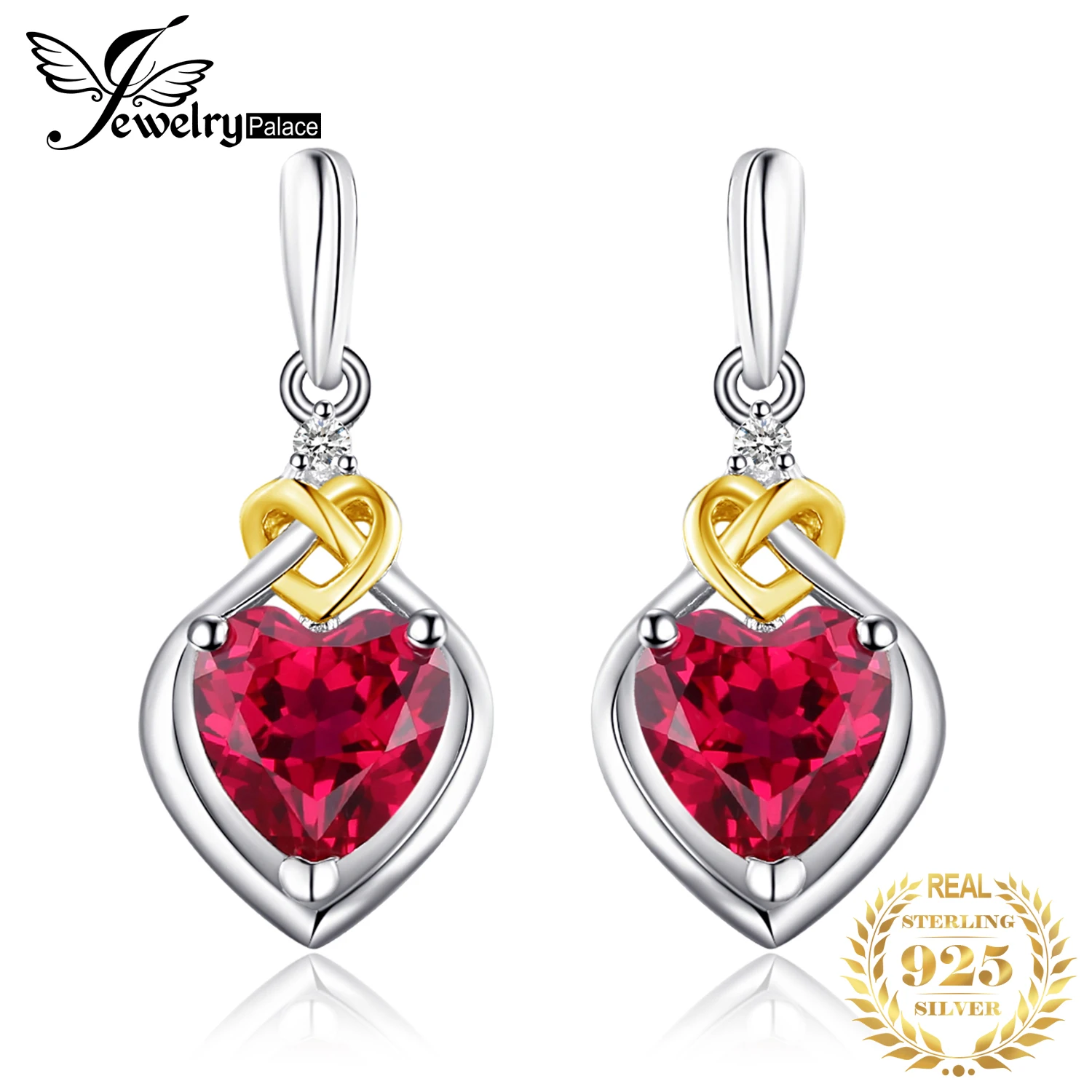 JewelryPalace Love Knot Heart Created Red Ruby 925 Sterling Silver Dangle Drop Earrings for Women Fashion Gold Gemstone Jewelry