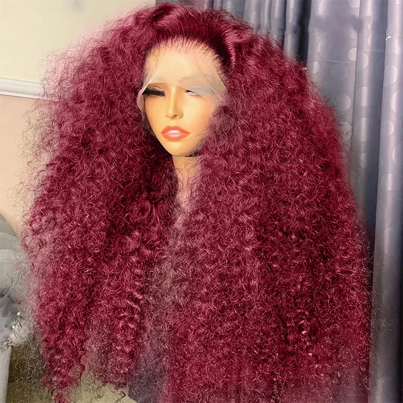 Perruque Lace Front Wig crépus bouclés bordeaux, 26 pouces, 99j, densité 180, perruque frontale à dentelle profonde pour femmes noires, cheveux de bébé, délié naturel, préplumé, 03/3