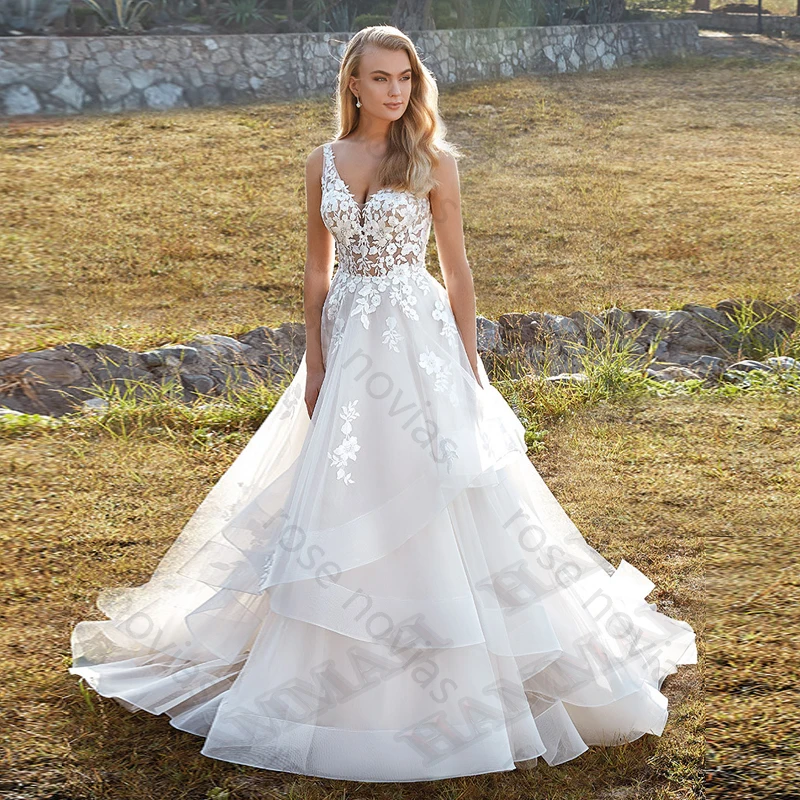 2024 Modest Brush Train Wedding Dresses Brides Gown Tiered Appliques Backless Sposa Vestidos Bridal Party Suit Robe De Mariée