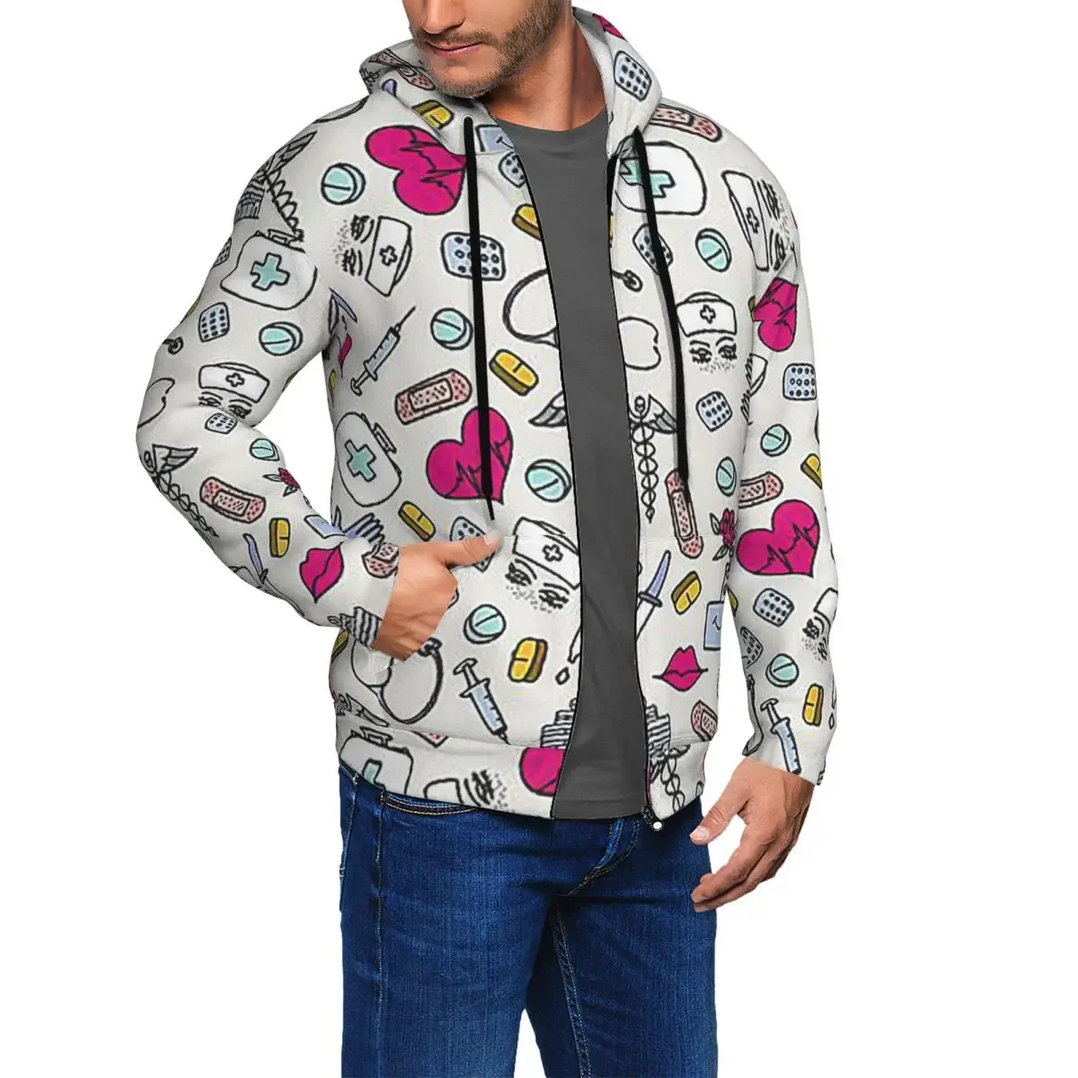 ممرضة Pattern0 التمريض نمط ممرضة قلنسوة بسحاب Harajuku البلوز الخريف الشتاء الرجال النساء بلوزات طويلة الأكمام بلايز