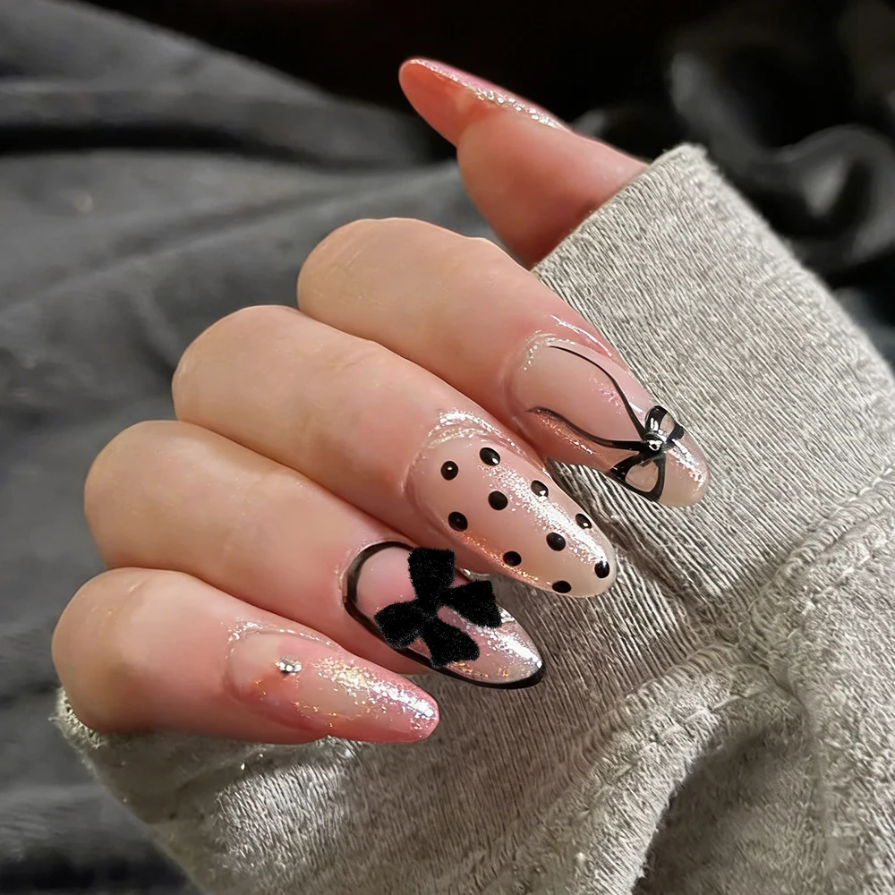 50 Piezas de Adornos de Uñas con Lazo de Terciopelo Negro, Lindos Adornos de Resina con Lazo Esponjoso y Diamantes de Imitación para Decoración de Uñas de Invierno, Suministros de Manicura