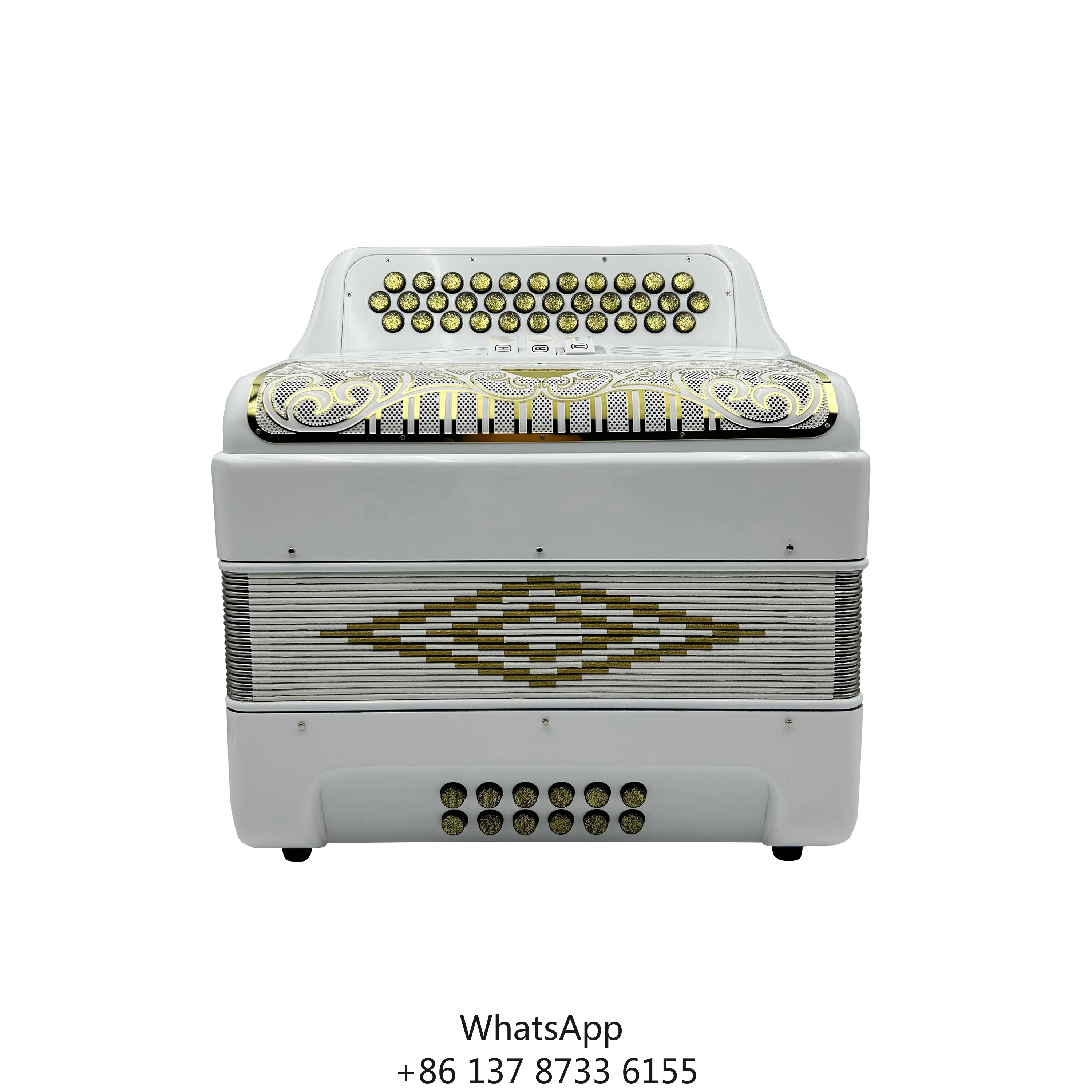 

Diatonic Accordion 34-Button 12-Bass 3-Registers Bright White Body Gold Grill Gold Buttons JB3412C Wood Acordeon