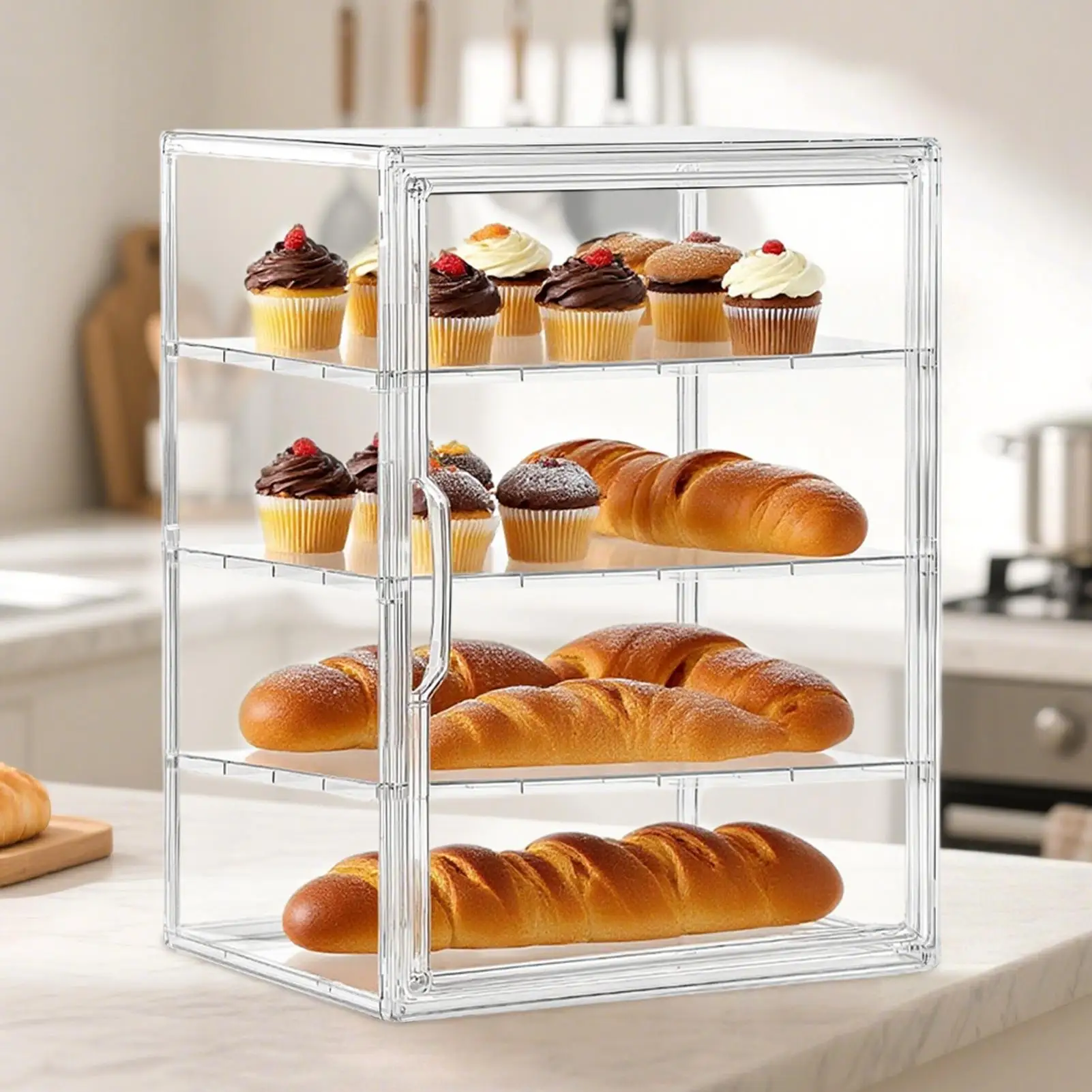 

Bread Box Clear Display Case Bread Storage Box 4 Layers Airtight Acrylic Food Storage Organizer for Kitchen Counter Homemade