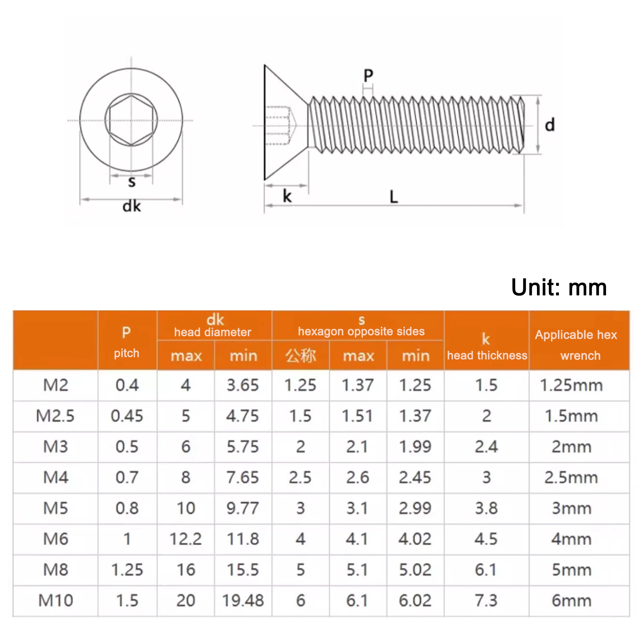 Countersunk Head Hex Socket Screws DIN7991 M2 M2.5 M3 M4 M5 M6 M8 M10 Brass Bolt Allen Thread Machine Metal Screws