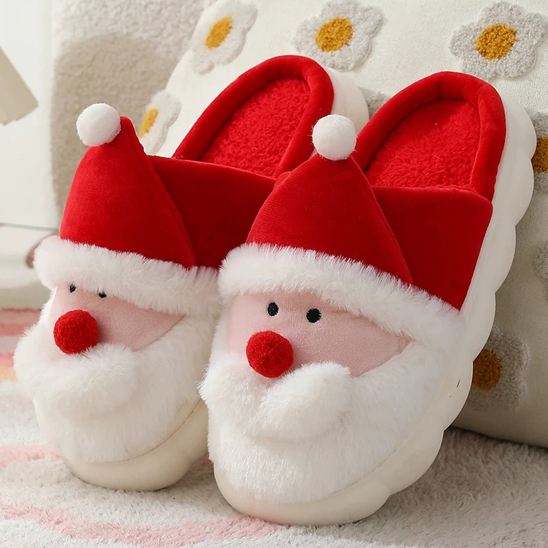 Kreskówkowe kapcie świąteczne z motywem Świętego Mikołaja, damskie, antypoślizgowe, domowe kapcie bawełniane, damskie kapcie z miękką podeszwą, damskie klapki bawełniane do noszenia w domu.