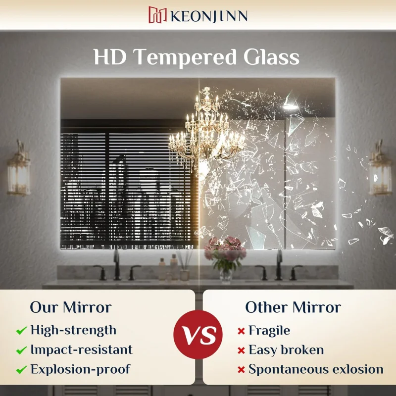 (UUX) 24 x 36 polegadas retroiluminado para banheiro, espelho LED antiembaçante, vidro temperado CRI90 + HD, espelho iluminado regulável contínuo UQ