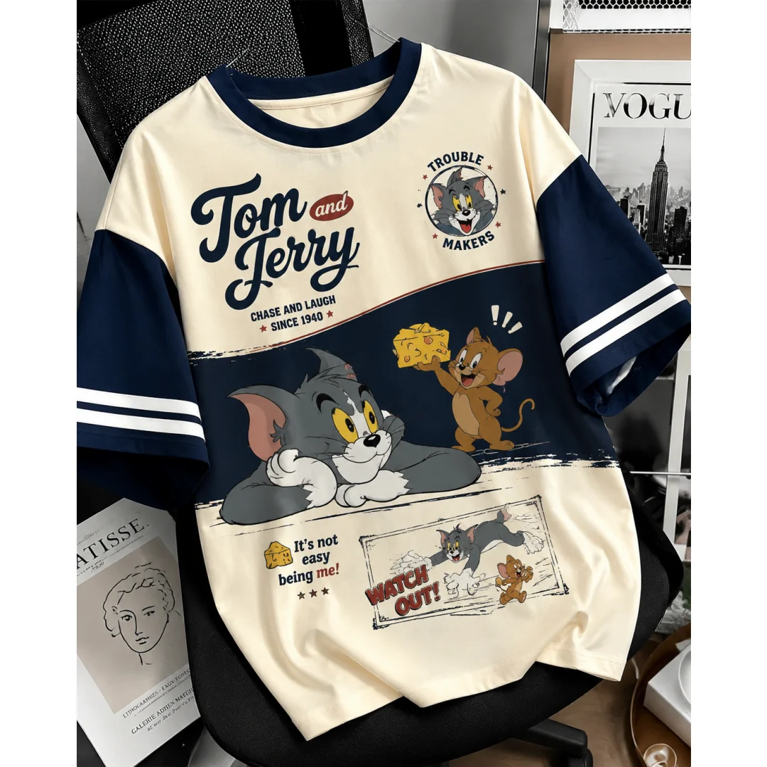 Tom And Jerry Vintage T-Shirt, Farbblock-Gestreiftes T-Shirt, Retro-Cartoon-Katze-Maus-Grafik, Lässige Streetwear-Oberteile für Männer, Frauen und Kinder – Detail 2