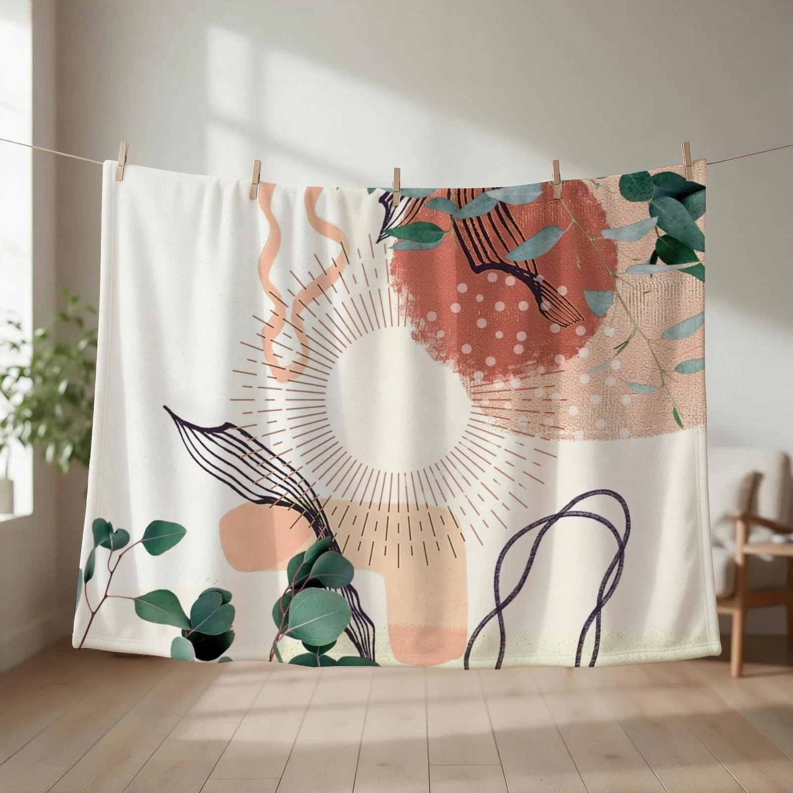 Eucalyptus Branch Abstract Tropical Boho Minimalist Art with warm earthy tones and pastel colors with solid and so Throw Blanket
