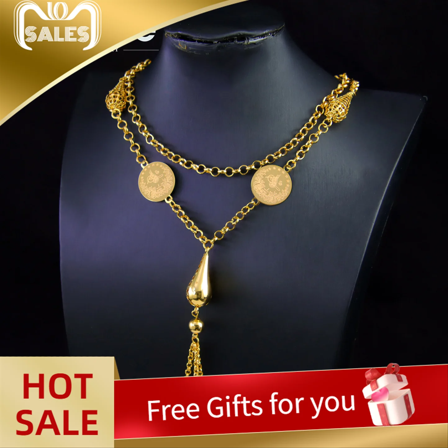 

Nigeria Wedding Jewelry Long Necklace 21k Gold Plated Kurdish Bridal Fashion Body Jewelry Middle Eastern Vintage Party Jewelrys