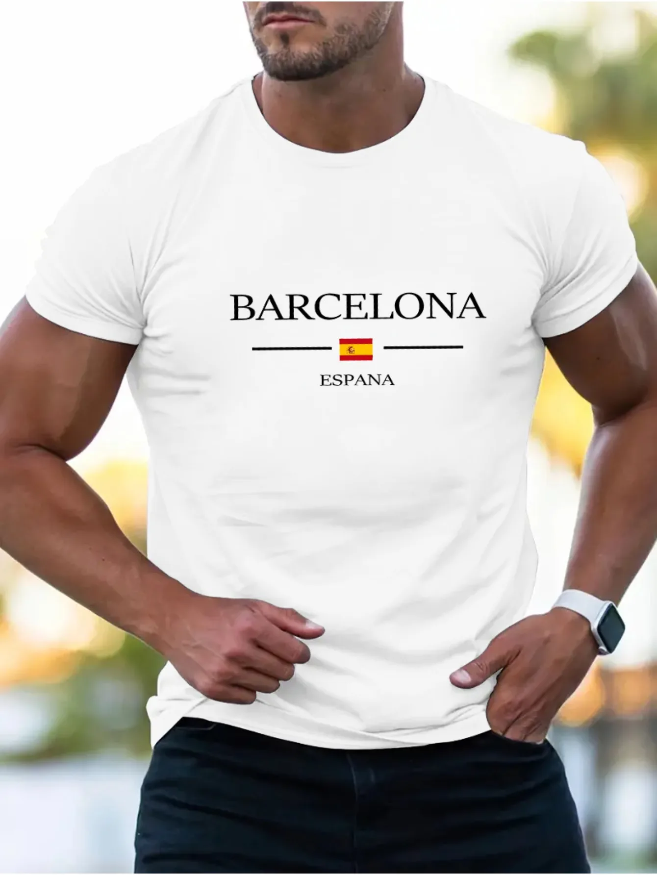 Camiseta con cuello redondo para hombre con estampado de Barcelona, mezcla de algodón, informal