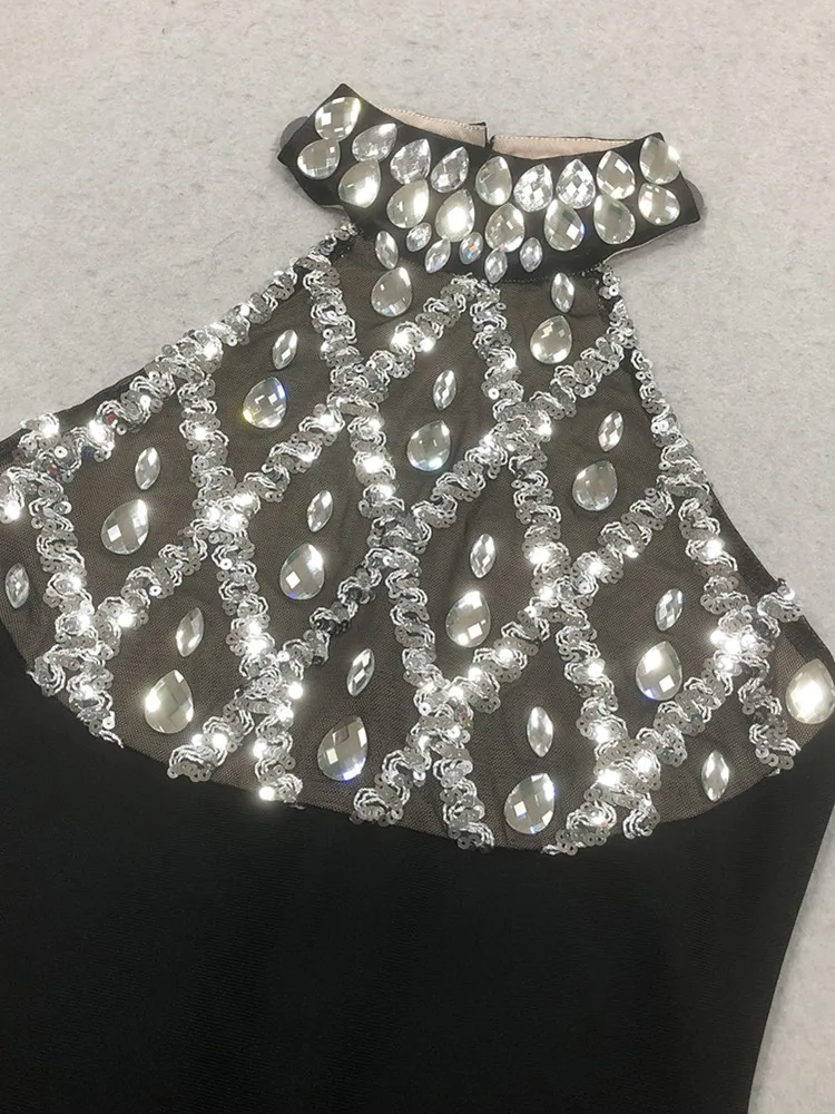 Vrouwen sexy halter kralen zwarte maxi lange zomer bodycon bandagejurk 2025, elegante avondclub feestjurk