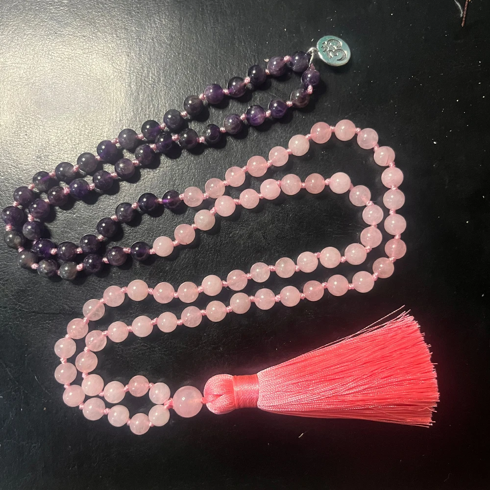 

8mm Rose Quartz Amethyst Beaded Knotted 108 Mala Necklace Meditation Yoga Prayer Jewelry Tassel Pendant for Women