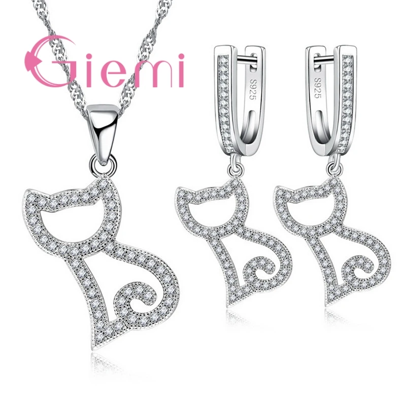 Romantic Cute Cat Sex Shape Animal Pattern Necklace Earrings for Women's Birthday Gift Jewelry Set 925 Sterling Silver