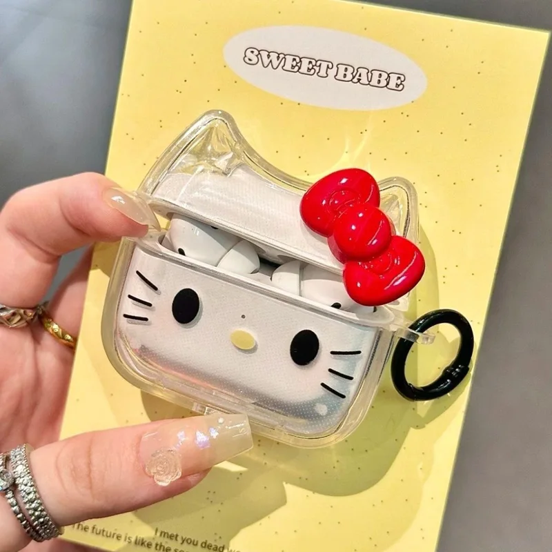 Miniso ثلاثية الأبعاد القوس الكرتون KT القط غطاء سماعة الأذن ل AirPods Pro2 Pro 4 3 2 1 غطاء سماعة شفافة
