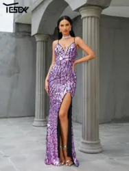 Yesexy New Summer Dress Women 2023 Trend Spaghetti Backless Formal Wrap V-Neck Purple Prom Party Evening Dress